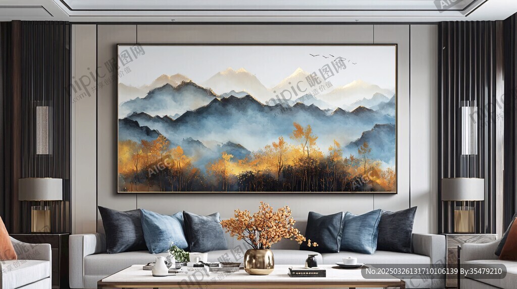 客廳中式山水裝飾畫場景