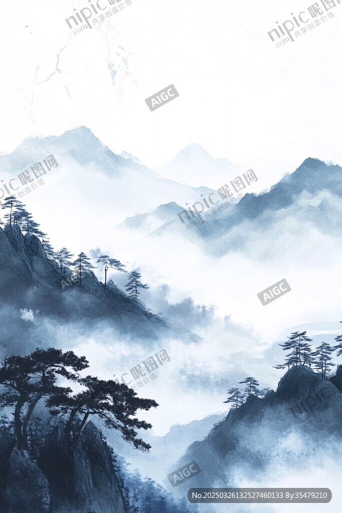 水墨山川間 云霧繞青松