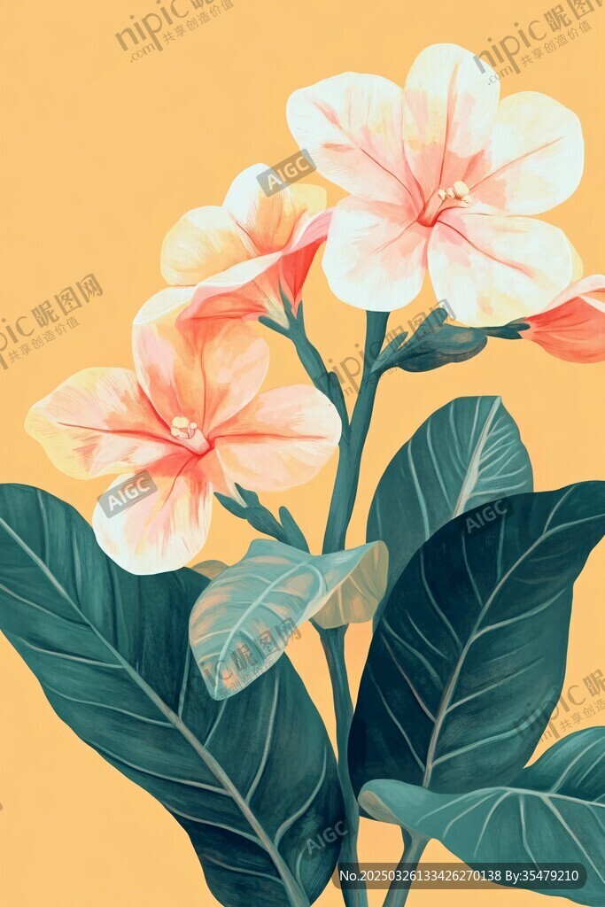 粉白花卉與深綠葉片插畫