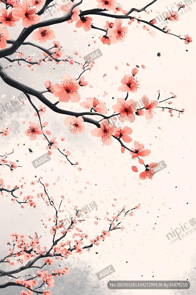 水墨風綻放的粉嫩桃花枝