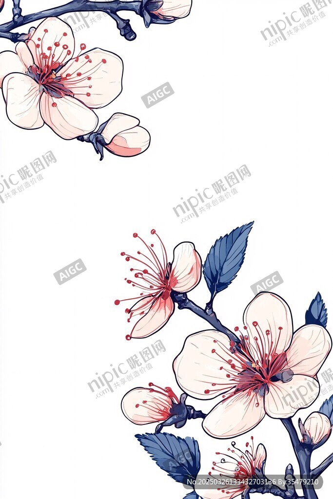 手繪粉色杏花枝頭插畫