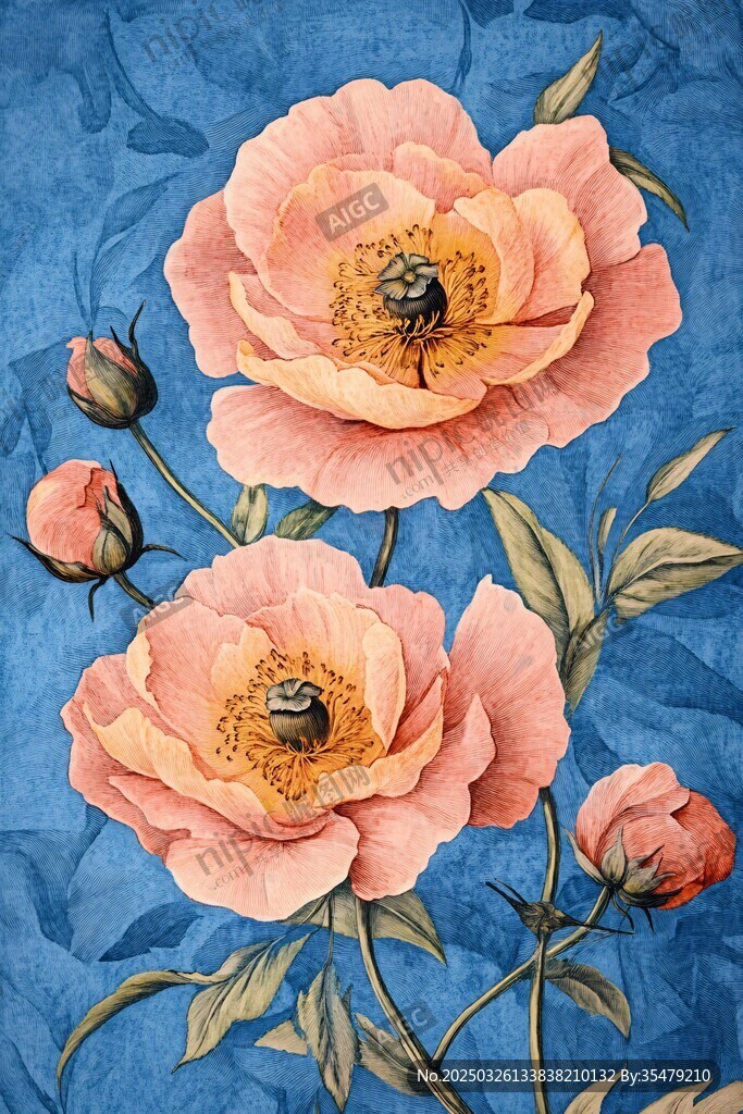 藍(lán)色背景上的粉色花卉與蜜蜂
