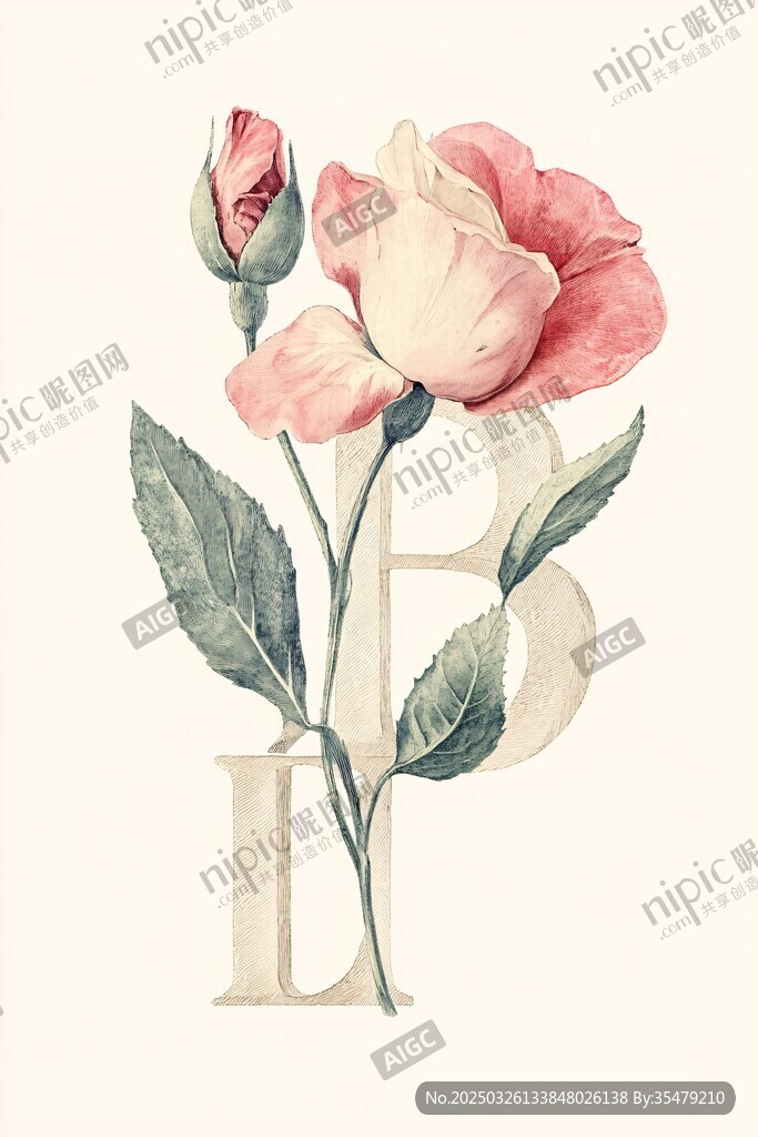復古花卉字母插畫圖案