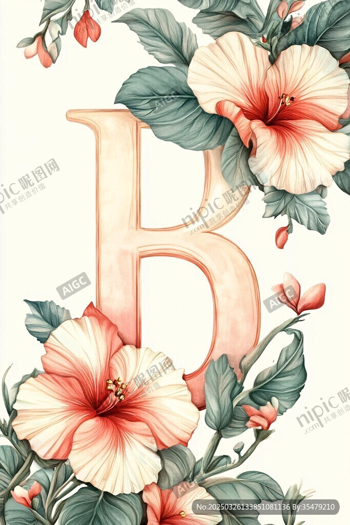 花卉環(huán)繞的字母B插畫(huà)