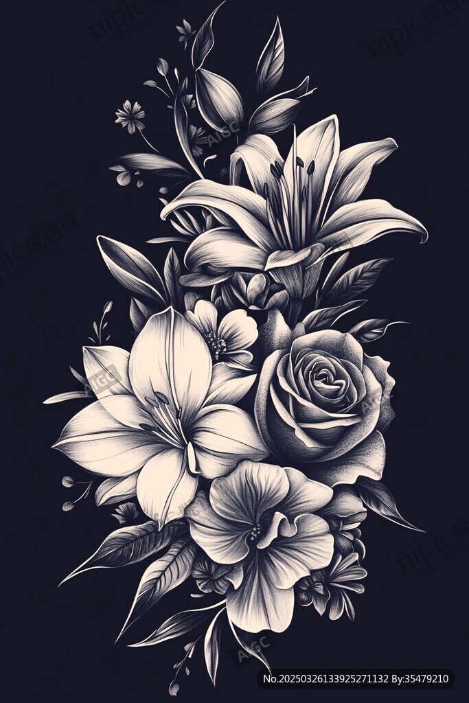 黑白花卉圖案精美插畫