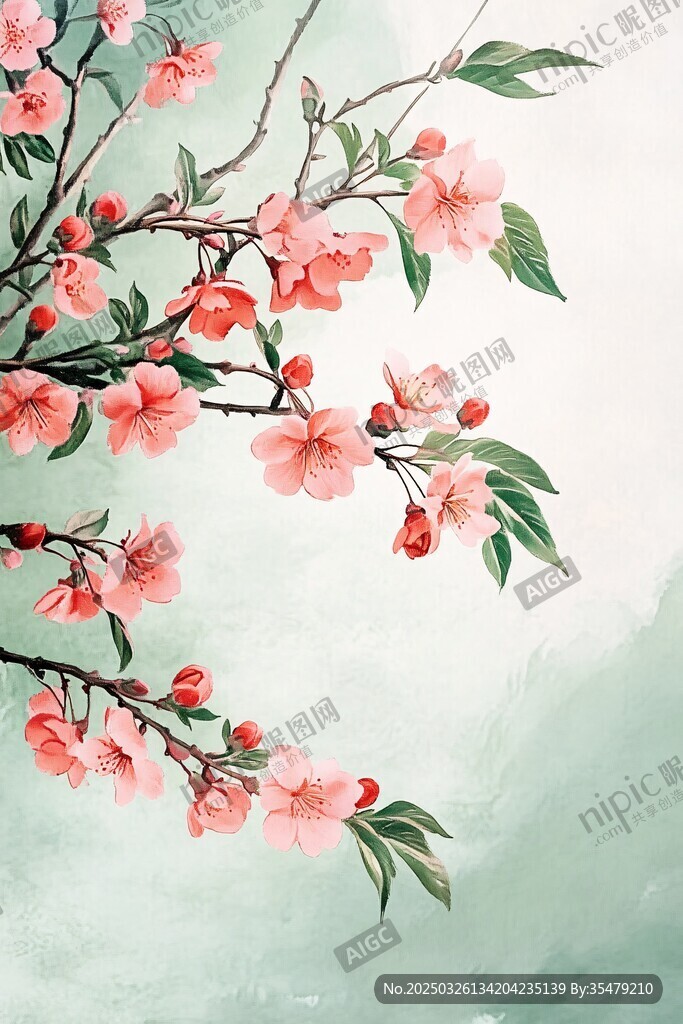 春日綻放的粉嫩桃花枝