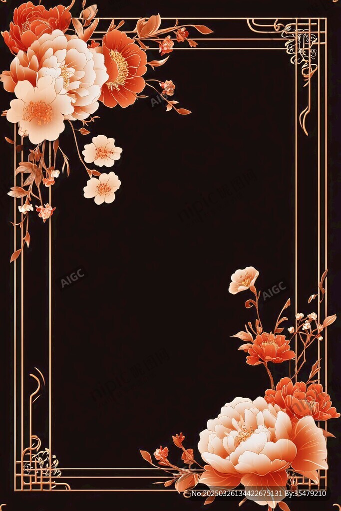 中式花卉黑金邊框裝飾圖