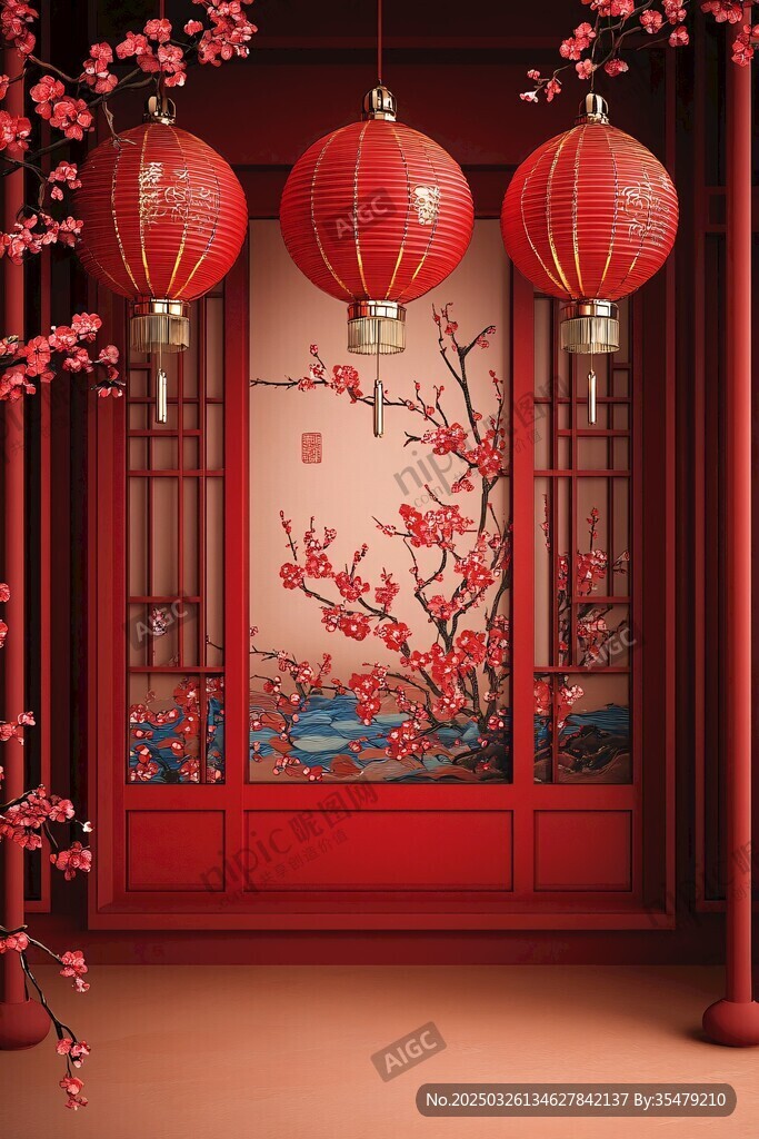 中式紅門掛燈籠迎新春