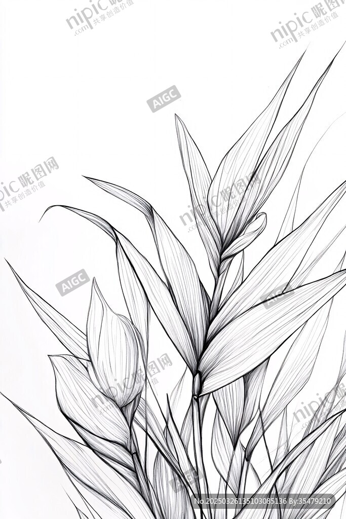 黑白線條繪就的植物葉片
