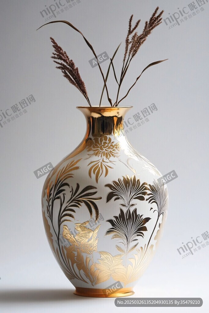 描金花紋陶瓷花瓶插花圖
