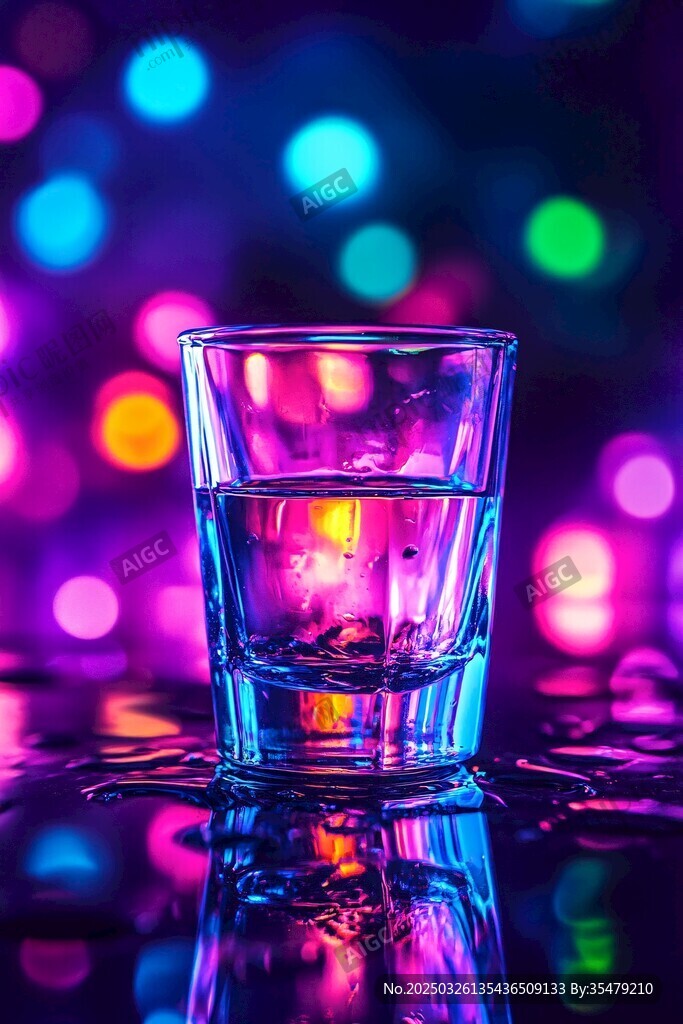 炫彩背景下的晶瑩玻璃杯