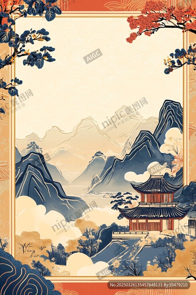 古風(fēng)山水樓閣中式邊框圖