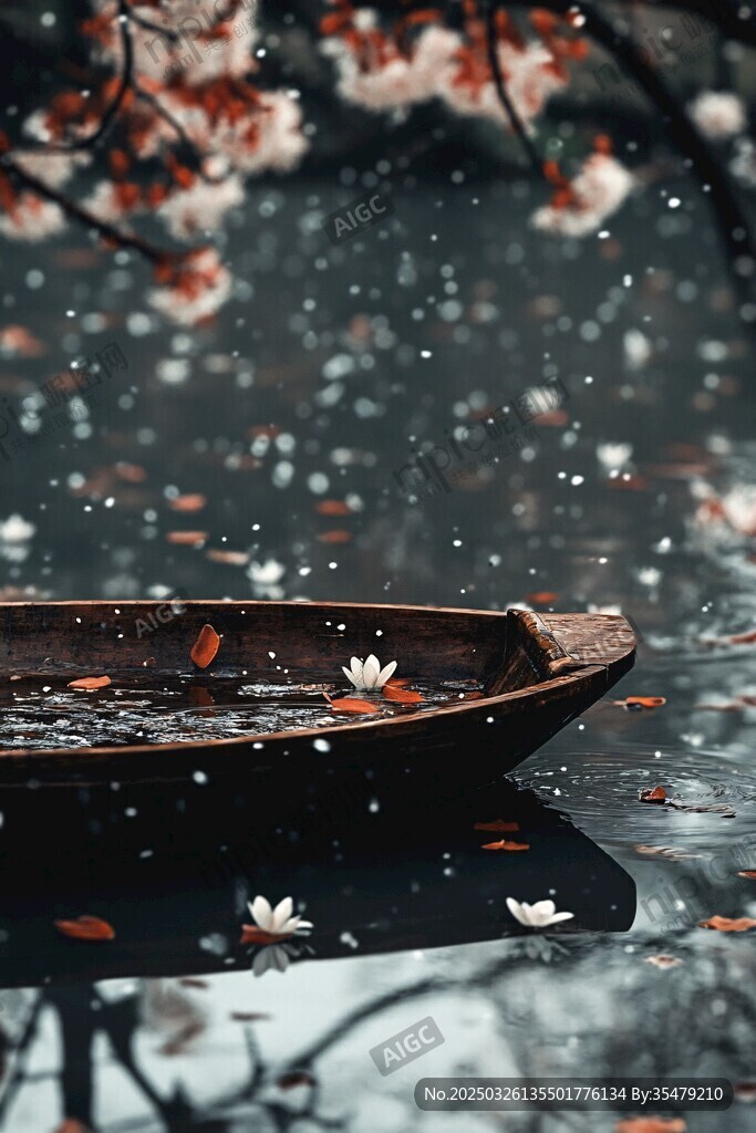 雪中孤舟落花飄零之景