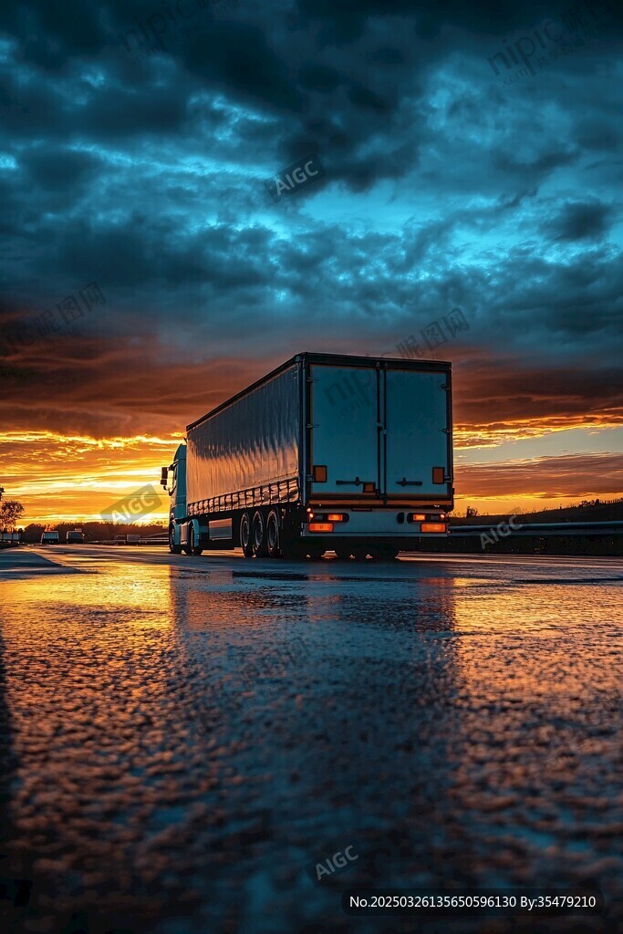 夕陽下公路上的貨運(yùn)卡車
