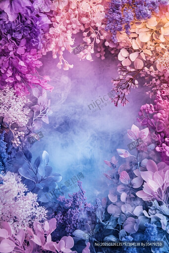 夢(mèng)幻紫色花卉云霧背景圖