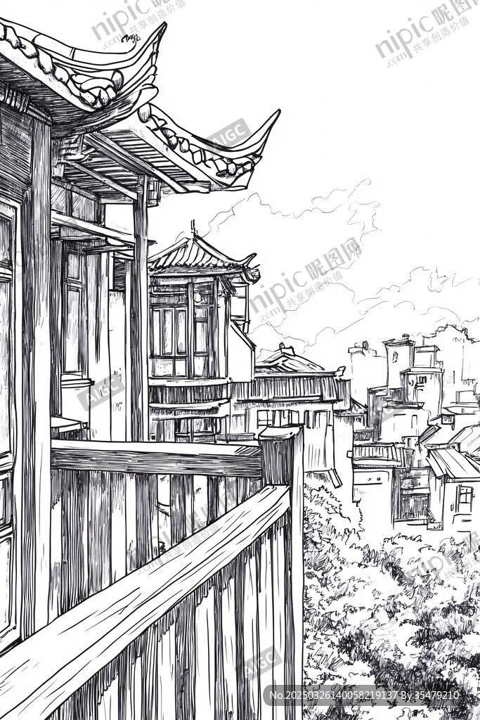 中式樓閣景致手繪素描圖