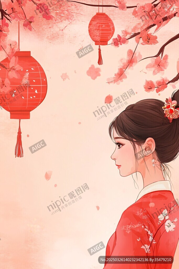 紅衣佳人賞春景