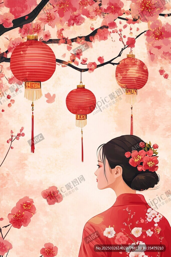 身著旗袍的女子與春日燈籠