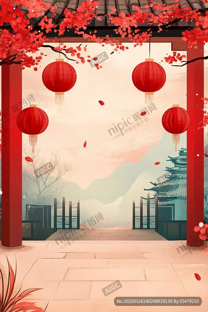 古風(fēng)庭院紅燈籠春日景致