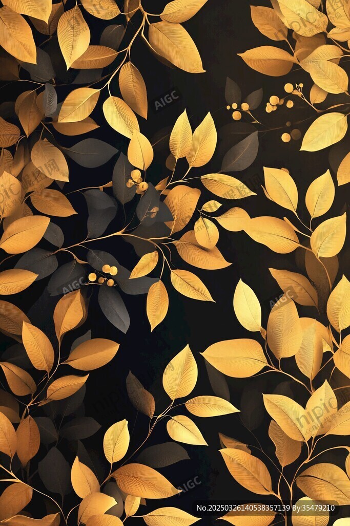金色樹葉花卉無縫圖案背景