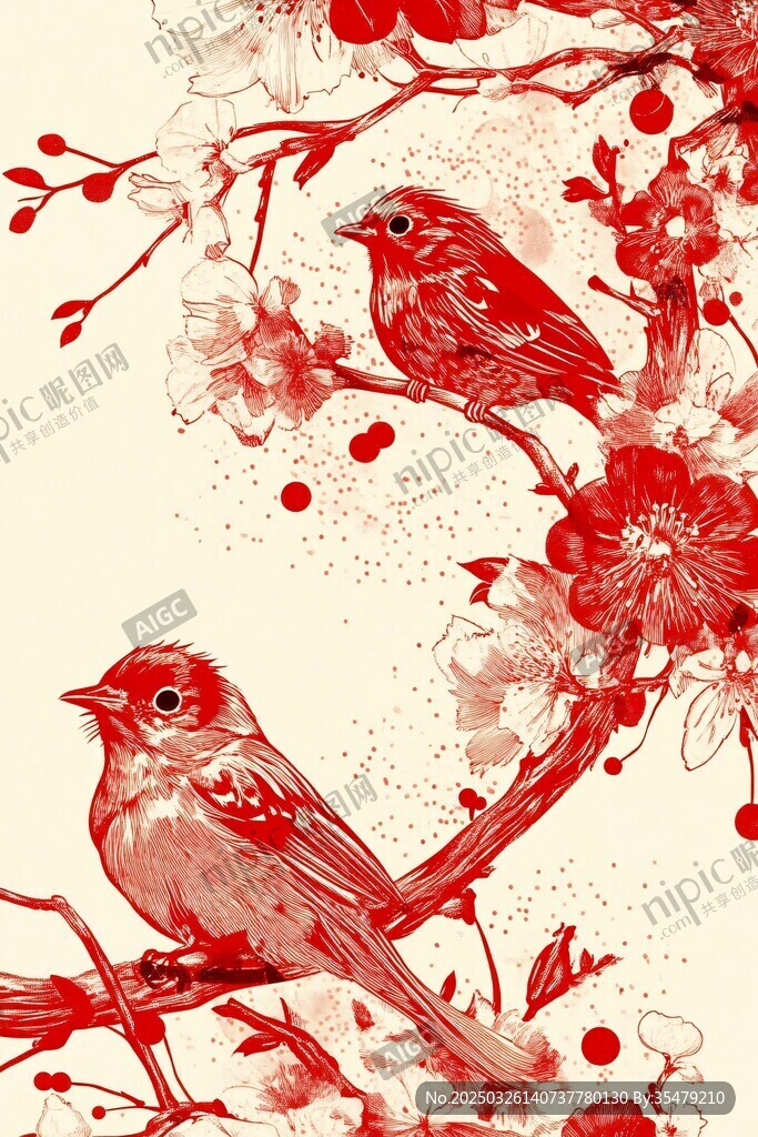 紅枝棲雙鳥 中式花鳥圖