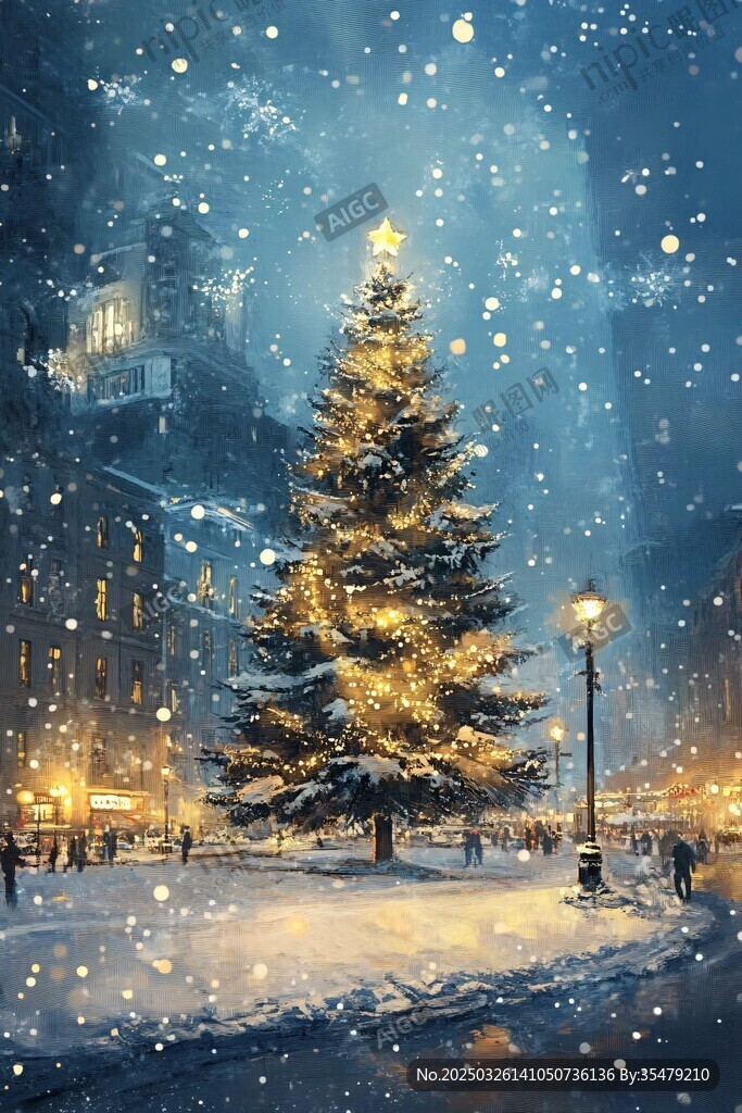 雪中璀璨圣誕樹夜景