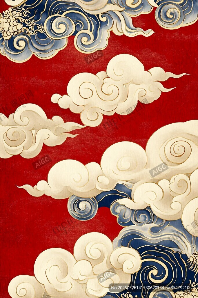 中式紅底云紋海浪圖案