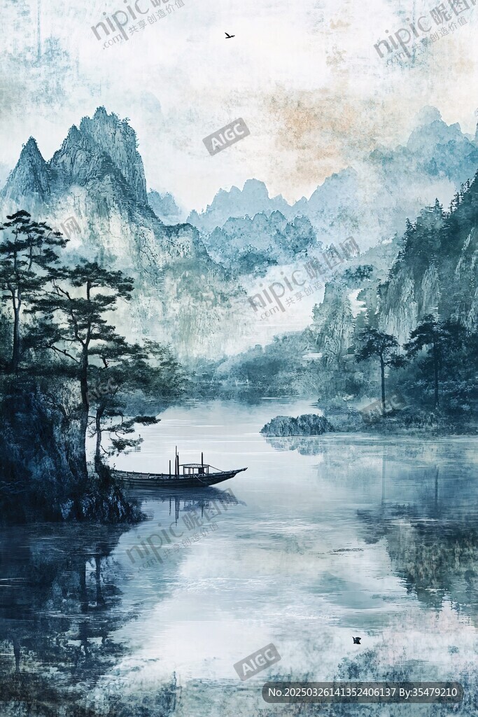 水墨山水間的孤舟意境
