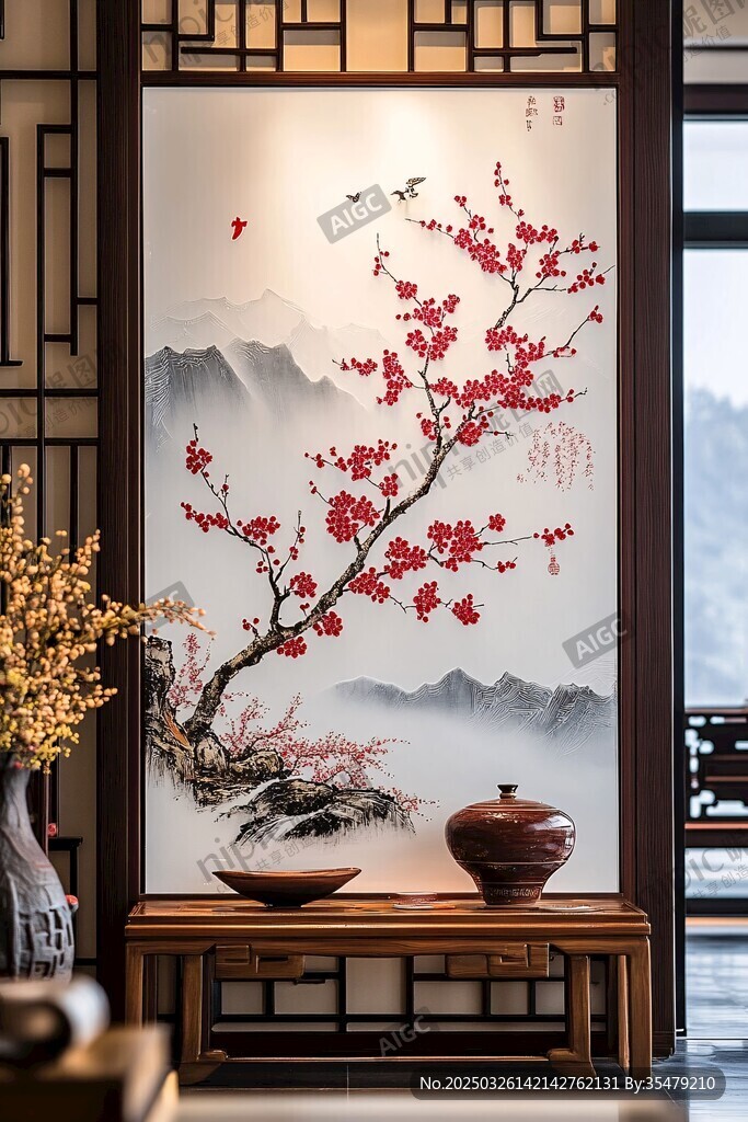 中式屏風上的紅梅山水圖