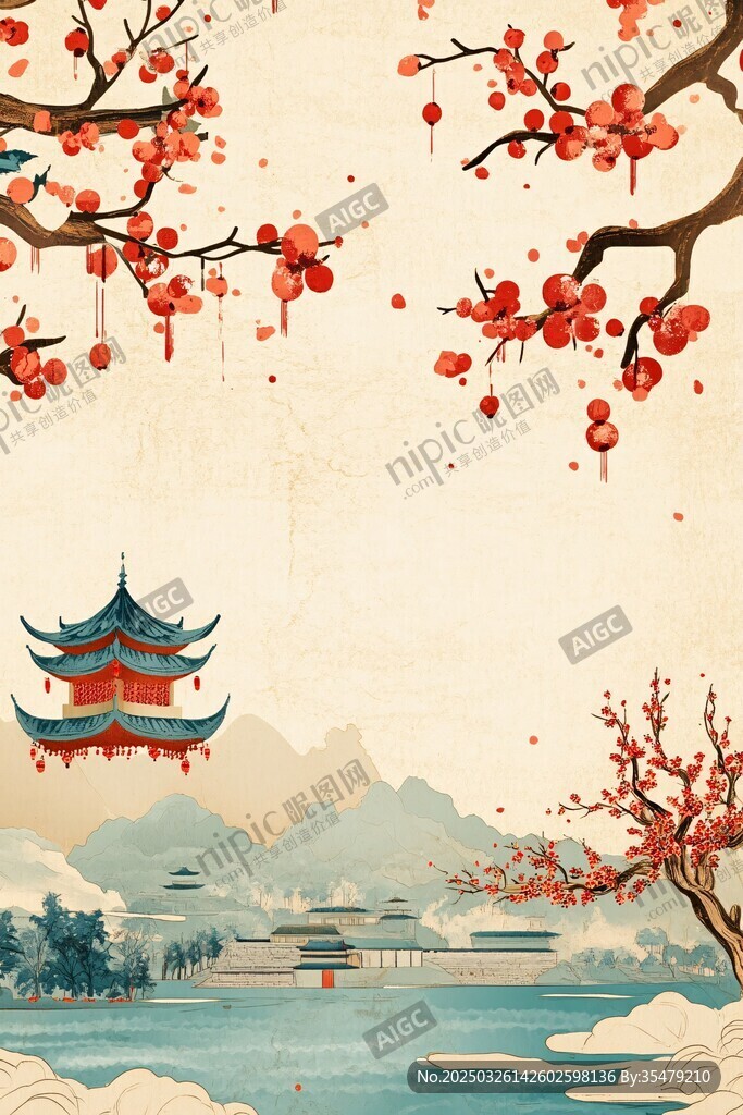 中式古典美景 紅梅與樓閣