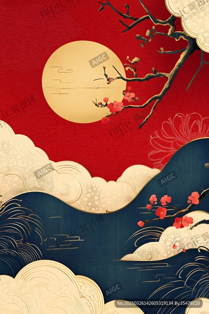 月夜紅梅映云海