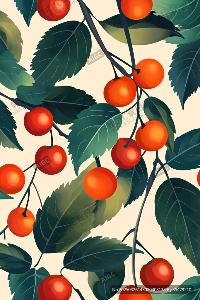 枝頭紅果綠葉無(wú)縫圖案