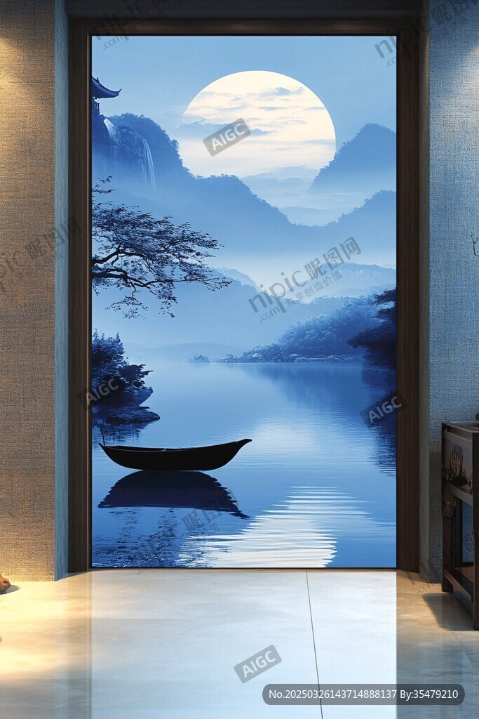 月光下的山水孤舟圖景