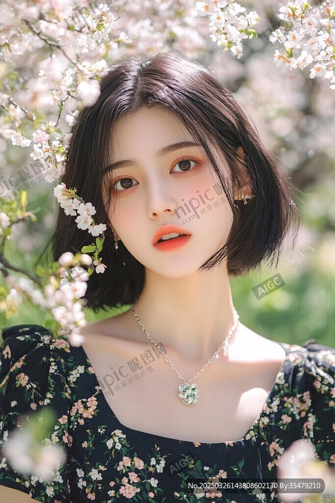 春日繁花下的清新少女
