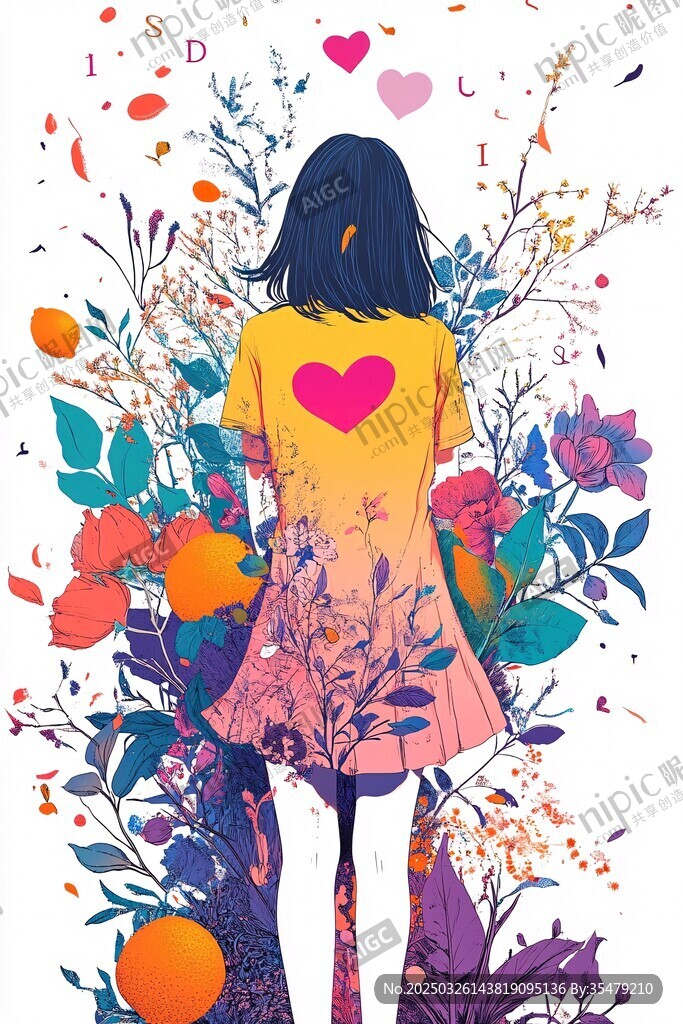 女孩置身繁花中的浪漫背影