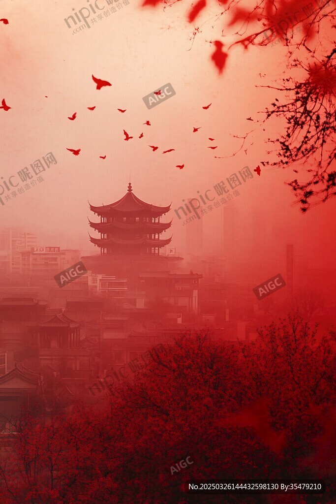 紅韻古塔飛鳥詩意景致