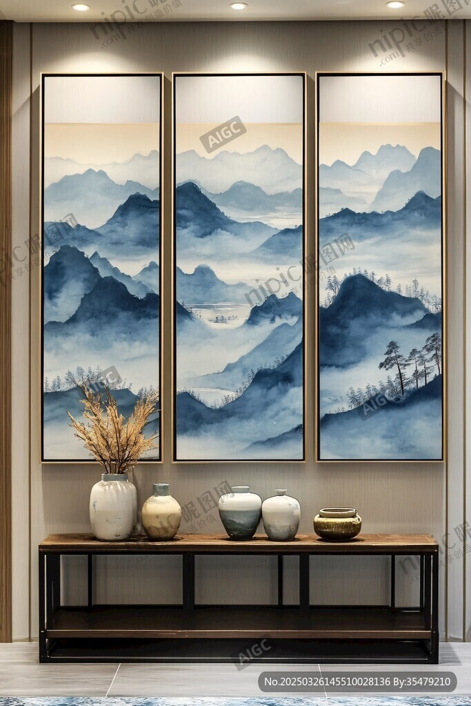 三聯(lián)山水墨畫 中式雅致風