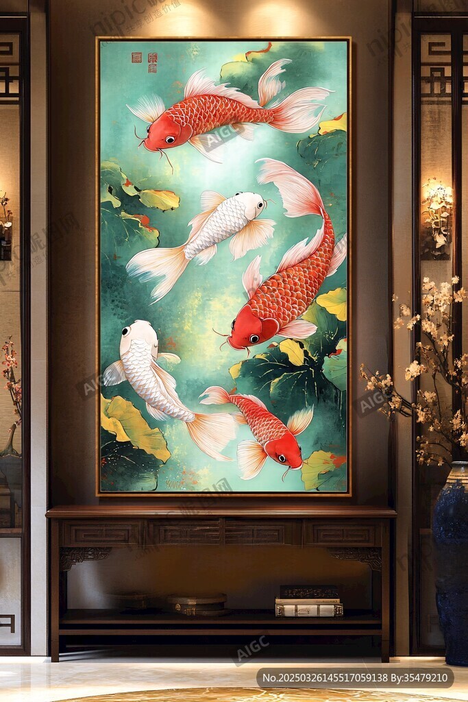 中式客廳的九魚(yú)圖裝飾