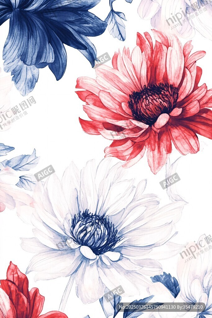 花卉水彩圖案 紅藍白花朵