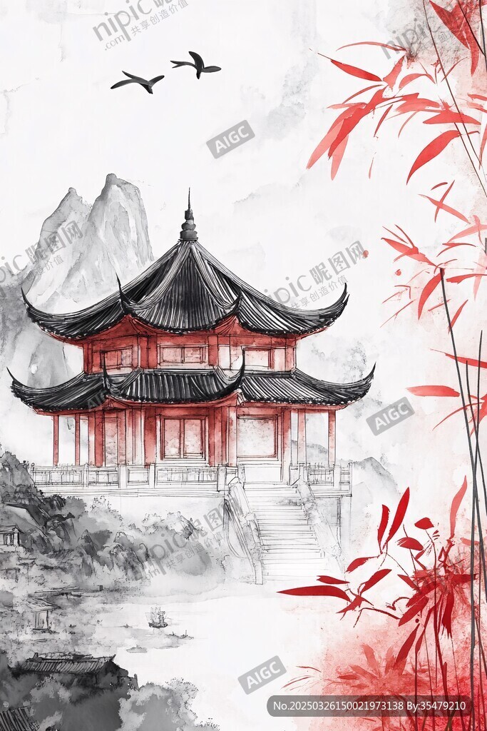 水墨紅亭飛鳥(niǎo)山水圖景