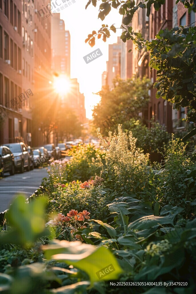 夕陽下城市街道的綠植美景