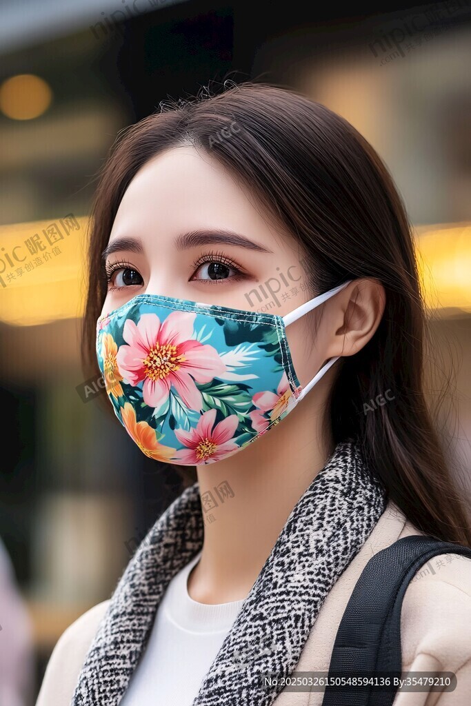 戴花卉圖案口罩的時尚女性