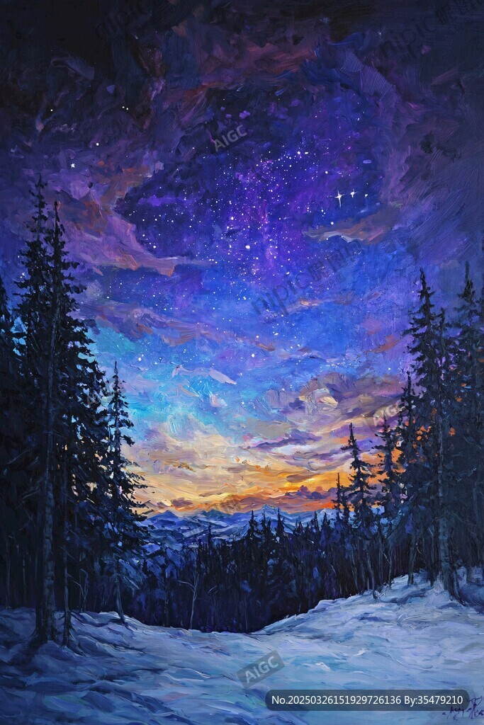 雪夜山林間的夢(mèng)幻星空