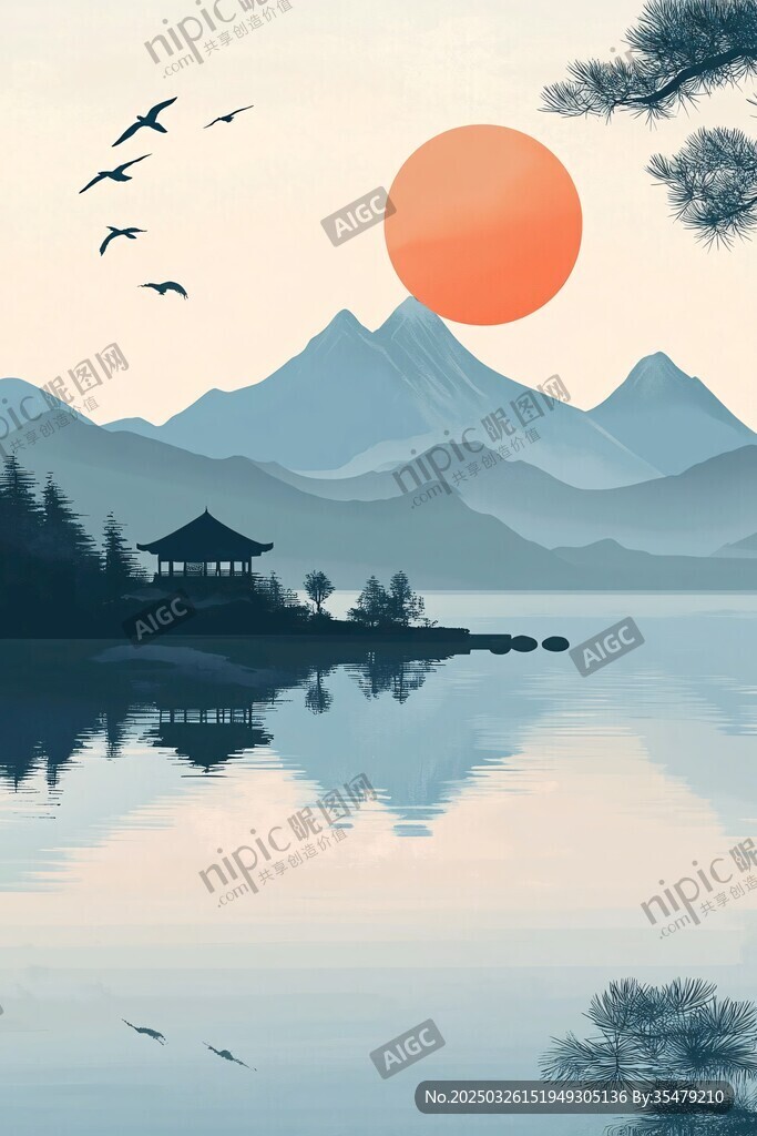 湖畔落日飛鳥山水美景圖