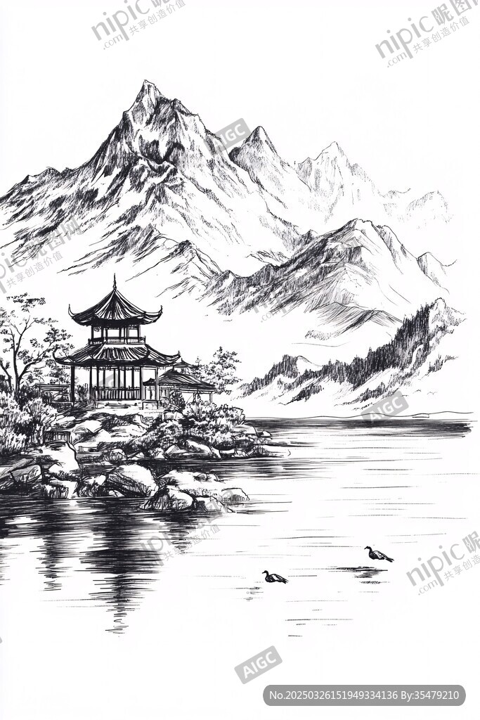 水墨山水間的亭臺景致