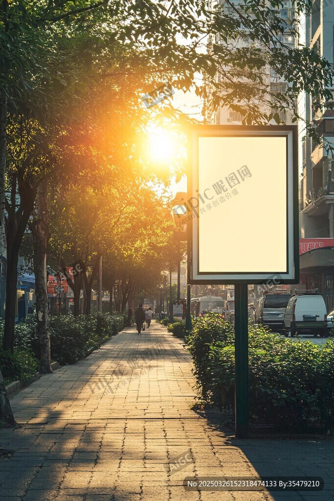 街道晨光下的空白廣告牌
