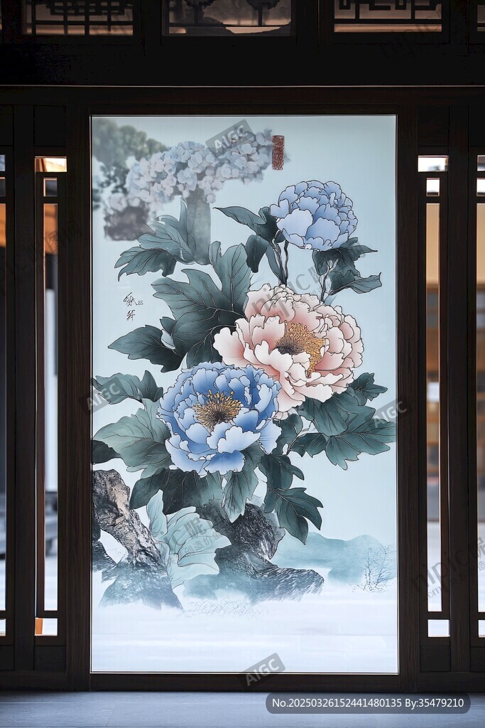 中式屏風(fēng)上的牡丹花卉圖