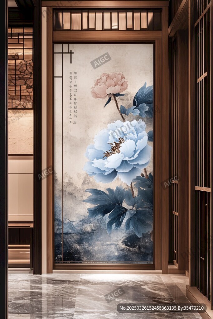 中式玄關處的牡丹藝術壁畫
