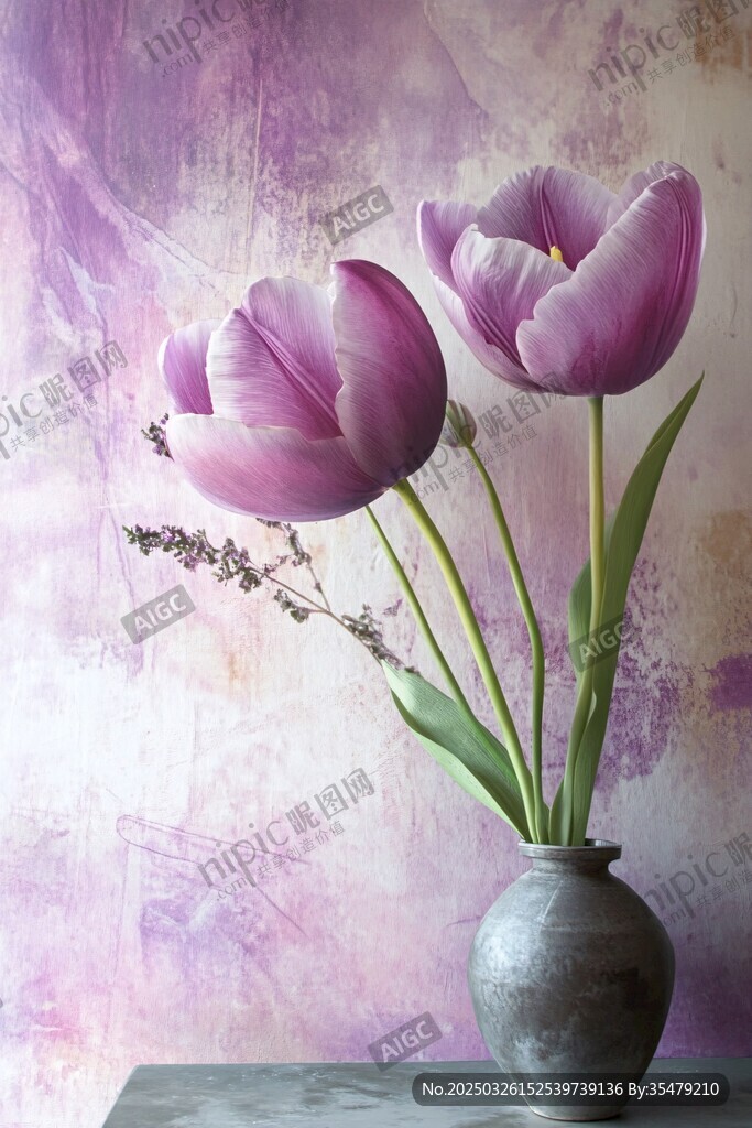 紫色郁金香花瓶靜物美照