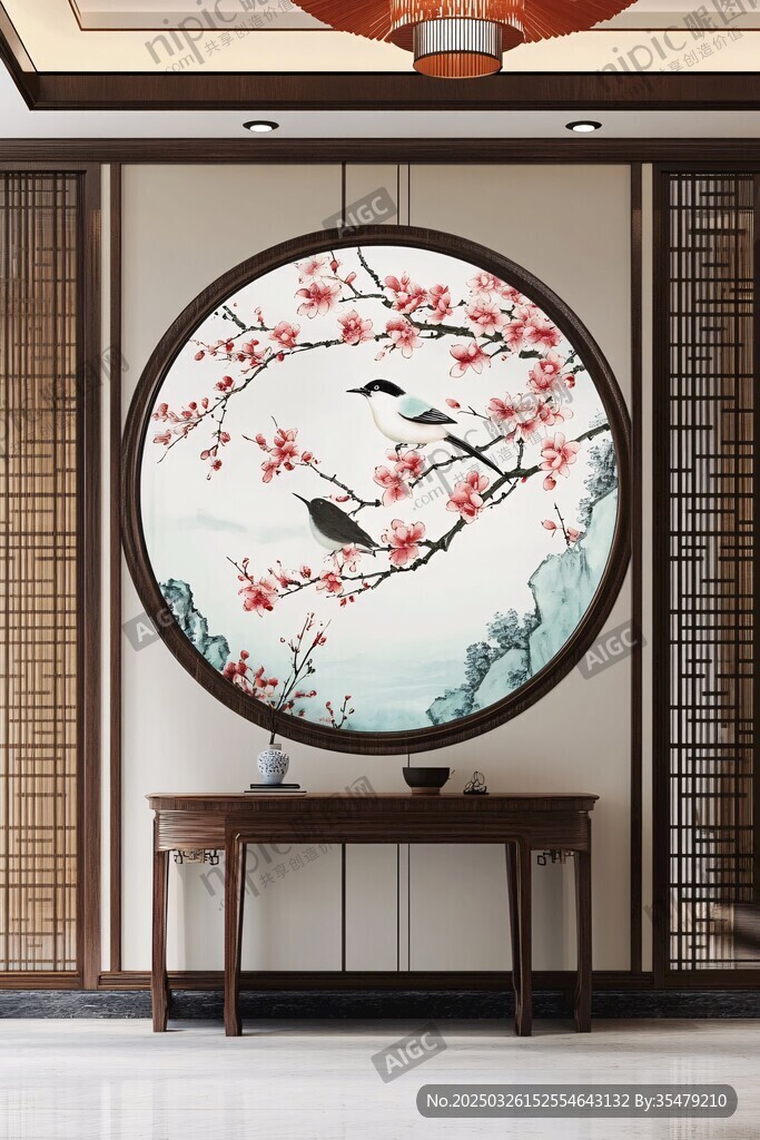 中式客廳之花鳥圓屏裝飾